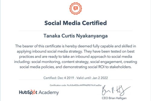 Hubspot Social Media Certified tanaka curtis nyakanyanga